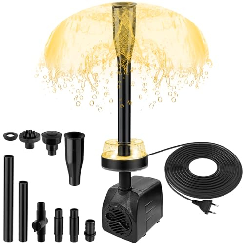 NATPOW Springbrunnenpumpe Aussen mit LED, 3000K Teichpumpe für Miniteich, Aquariumpumpe mit 3M Kabel, 3 Düsen, 800L/h 15W Gartenbrunnen Pumpe Klein für Gartenteich, Wasserfall