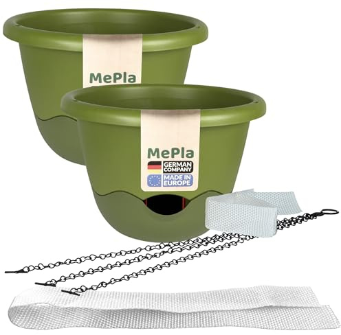 MePla - Set - 2 Stück Ampel Mareta ø25 Hellgrün/Dunkelgrün + 1 x Ersatzbewässerungsband 62 cm – Selbstbewässernde Blumenampel mit Wasserspeicher – UV-beständig, wetterfest – für Balkon & Innenbereich
