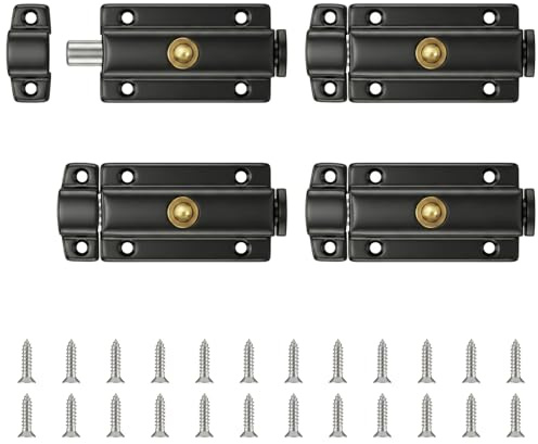 4 Piezas Cerrojo de Muelle, 3 Pulgadas Pestillo Puerta Automático, Acero Inoxidable, Botón Latón, Reversible, Tornillos Incluidos para Jaula, Portón (Negro)