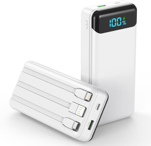 Enerwow Batterie Externe 27000mAh 22.5W Powerbank USB C Câble Charge Rapide | 4 sorties & 3 entrées, 3 câbles intégrés (USB-C/iPhone/USB-A), Affichage LED, Compatible iPhone 17-12 Samsung etc(Blanc)