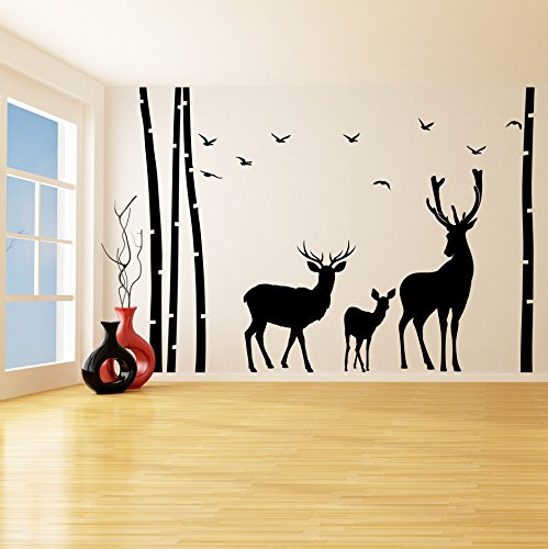 (240 x 169 cm, Vinyl, Baum, Vögel, Sträucher & Deer Silhouette/Nature Rentier Family Art Decor Wandtattoo/Wandaufkleber, Vinyl, personalisierbar, inklusive zufällig Geschenk!
