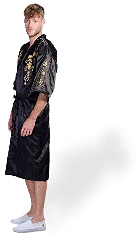 Secret Collection Mens Silk Bath Robe Kimono Dragon Embroidery XXL Black