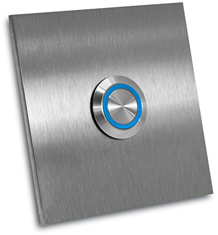 Jung Edelstahl Design - Edelstahl Türklingel Rio Aufputz oder Unterputz - 7 X 7 cm mit LED Drucktaster - Klingel aus V2A Edelstahl geschliffen - Haustürklingel ohne Gravur (LED blau)
