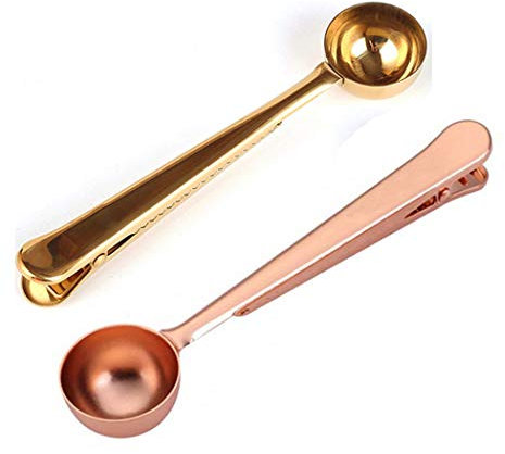 SIPLIV Coffee Spoon Clip Tea Scoop Food Storage Bag Grip Clip Stainless Steel Multifunction Coffee Measuring Spoon - 2 Pack, Rose Gold + Gold