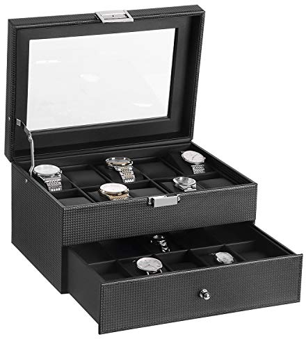 BEWISHOME Uhrenetui, Uhrenbox mit 20 Schlitzen, Organizer für Herren, Uhrengehäuse mit großem Glasdeckel, Uhrenreiseetui, abnehmbare Uhrenkissen, Herren-Schmuckbox, Uhren-Aufbewahrung, Schwarz SSH04C
