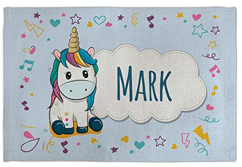 Blaues Einhorn Tischset Kinder mit Name. Flachs. Verschiedene Ausführungen. Blaues Einhorn