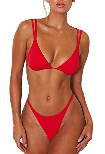 ForBeautyShe, Costume da Bagno da Donna Sexy con Perizoma in Due Pezzi Bikini con Spalline Doppie, Costume da Bagno a Triangolo - Rosa - S