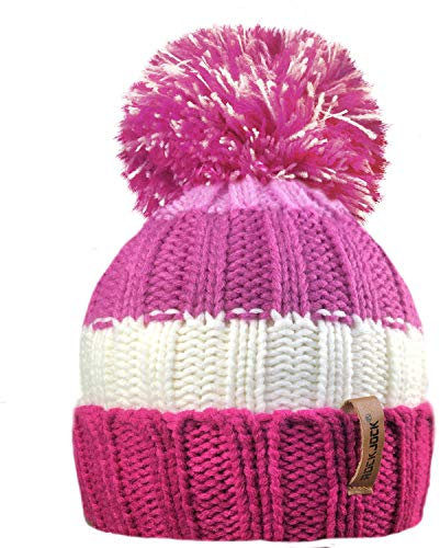 RockJock R80 Kids Girls Boys Ribbed Striped Thermal Insulating Bobble Hat with Cosy Fleece Lining- Pink/Cream