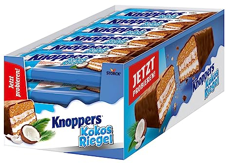 Knoppers KokosRiegel – 24 x 40g – Waffelriegel mit Milchcreme, Kokoscreme, Haselnüssen, Kokosraspeln und zartem Karamell, umhüllt von Vollmilchschokolade