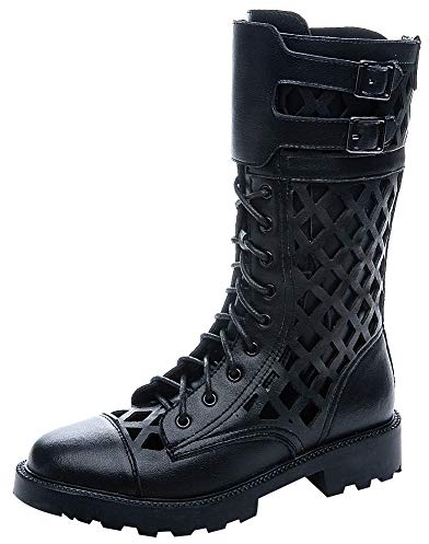 Jamron Damen Hollow Out Reißverschluss Flache Booties Sandalen Sommer Herbst Halbschaft Römische Stiefel Schwarz SN07719 EU39.5