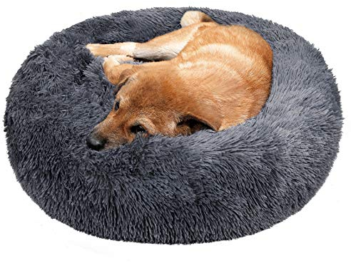 TAMOWA Hundebett, Haustierbett Rund aus Plüsch, Katzenbett flauschig, Welpen Kissen, Tragbare Warme Weiche Bequeme Hundesofa, Donut Kissen für Katzen und kleine Hunde, 80CM, Dunkelgrau