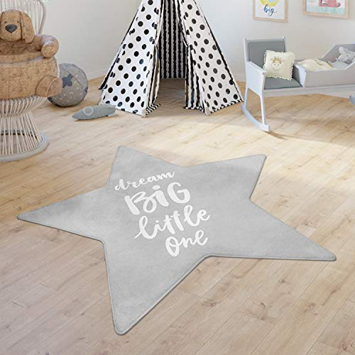 Paco Home Kinderteppich Teppich Kinderzimmer Spielmatte Babymatte rutschfest Modern Sterne Schriftzug, Grösse:120 cm Stern-Form, Farbe:Grau