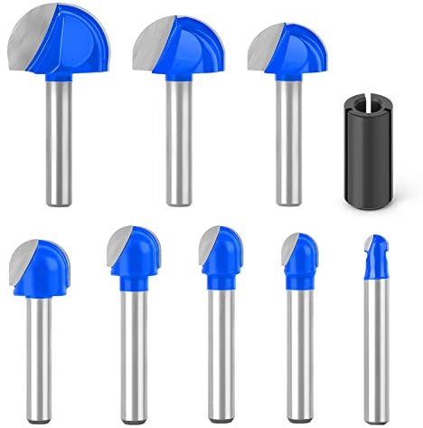 MEIGGTOOL 8Pcs Cove Box Cemented Carbide Router Bit for Woodworking, MDF and Plywood, 1/4 Shank Round Nose, 1/4 5/16 3/8 1/2 5/8 3/4 7/8 1 Cutting Diameter.