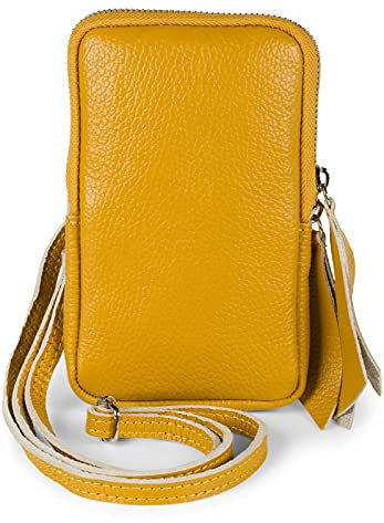 styleBREAKER Damen Leder Handy Umhängetasche mit genarbter Oberfläche, Reißverschluss, Echtleder Mini Bag 02012374, Farbe:Curry