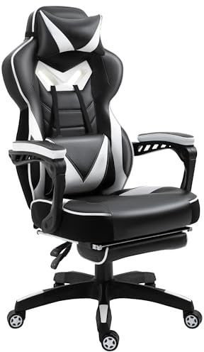 Vinsetto Chaise Gaming Ergonomique, Fauteuil de Bureau Confortable avec Repose-Pied, Appuie-Tête et Coussin Lombaire, Hauteur Réglable, Noir et Blanc