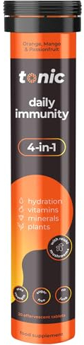 Tonic Health Daily Immunity Tablets - 4-in-1 Effervescent Multivitamins, Minerals & Phytonutrients - Vitamin D, Vitamin C and Zinc - Vegan,No Sugar- Max Strength, Orange, Mango, Passionfruit, 20 Count