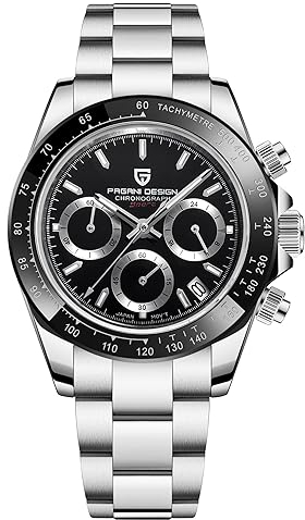Pagani Design Herren Keramik Lünette Edelstahl Armband Chronograph Wasserdicht 100 m Saphirglas Herrenuhr(Schwarz G)