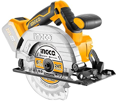 Sierra Circular Inalámbrica Batería INGCO 20V (Batería y cargador se venden por separado) con HSS Hoja de 165mm 24 Dientes, Profundidad de Corte 38mm (45°), 55 mm (90°), Guía de Metal