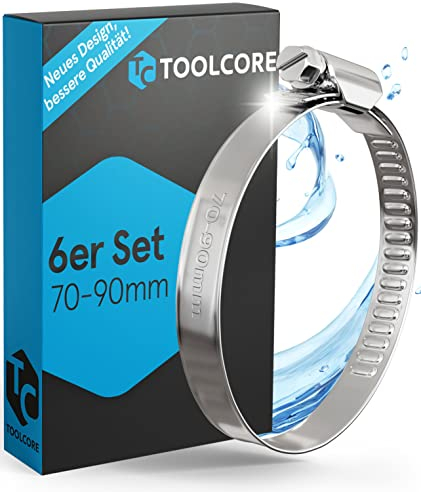 TOOLCORE® Fascette stringitubo in acciaio inox 70 – 90 mm [extra resistente] 6 pezzi in qualità W4 – per giardino, lavatrice, piscina, auto – Morsetti per tubi, fascette stringitubo, fascette..