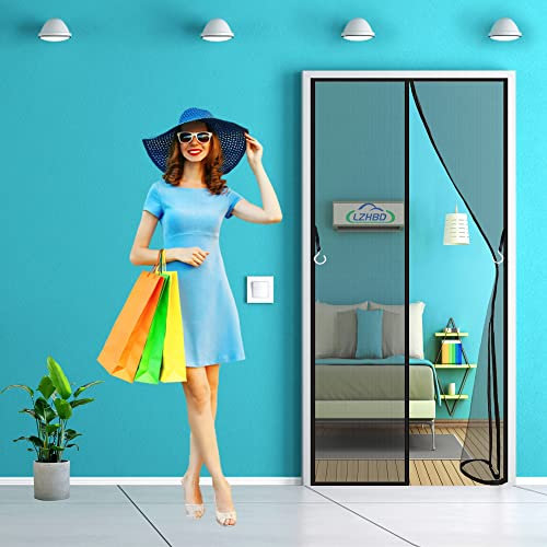 LZHBD Magnetic Screen Door for Balcony Doors/French Doors/Garage Doors/Patio Doors - 130x180 cm - Hands Free Instant Mesh Mosquito & Bug Net Curtain - Black