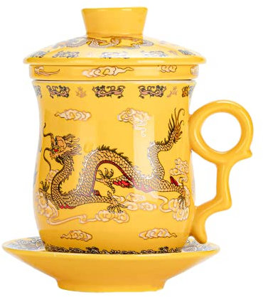 TONGMAN Blue and White Porcelain Tea Cup Infuser 4-Piece Set With Lid and Saucer - 13.5oz Loose Leaf Brewing System for Travel Office - Chinese Dragon Pattern