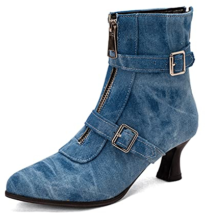 MRKEWUNEY Moda Mid Low Kitten Heel Polacchine per donne Appuntito Zips Festa Dress Jeans Stivali Fibbia Short Stivaletti Blue Size 46