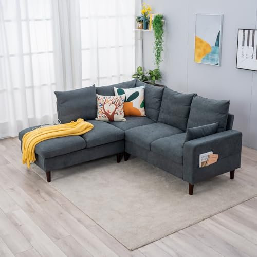 Panana Corner Sofa, L shape Corner Sofa Sets for Living Room - With Charging USB chaise Linen Fabric Stylish Contemporary Sofas, 5 Seater Corner with Chaise Grey