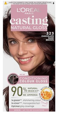 Casting Natural Gloss 3.23 Brown Chocolate: A no-ammonia, glossy hair colour lasting 32 washes. Up to 3x glossier, 4x silkier, healthier hair with a luscious Brown Chocolate.
