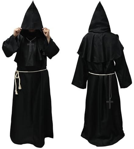 Faburo Robe Mönch Kostüm Herren mit Kapuze und Kreuz, Mönch Priester Kostüm Gewand Mittelalter Renaissance für Halloween Karneval, Hooded Mönchskutte Halloween-Kostüm Herren Cosplay Mönchskostüm (L)