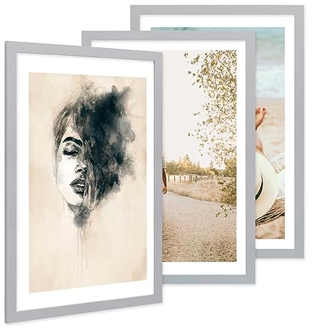 PHOTOLINI Cadre photo 40 x 60 cm bois MDF argenté, cadre large bord, lot de 3 cadres photo, verre acrylique incassable, décoration murale à suspendre, accessoires supplémentaires