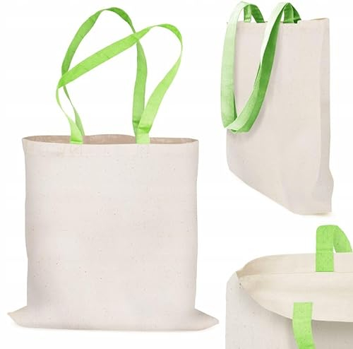 AllBags Baumwolltasche 380 x 420 mm mit langen Griffen 70 cm, Einkaufstasche, Alltagstasche, arbeitstasche damen, strapazierfähige stofftasche kindergarten, jutebeutel (1 er-Pack, Ecru Hellgrünes Ohr)