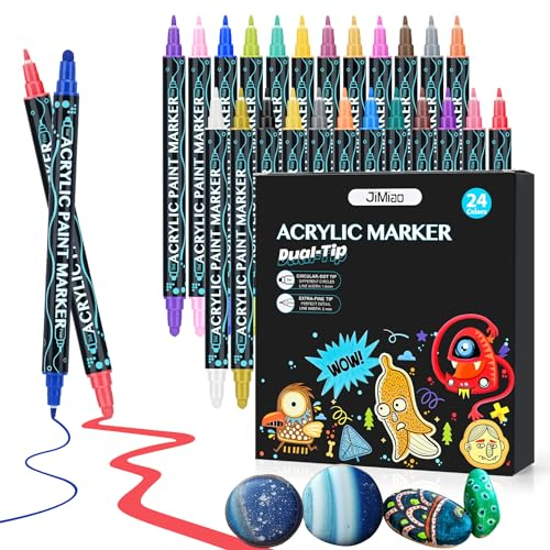 Cugybue Rotuladores Acrilicos Permanentes,24 Colores 1-5MM Rotuladores Pintura Acrilica Doble Punta para Pintar Piedras,Tela,Vidrio,Madera,Lienzo,Metal,Cerámica,Guijarros