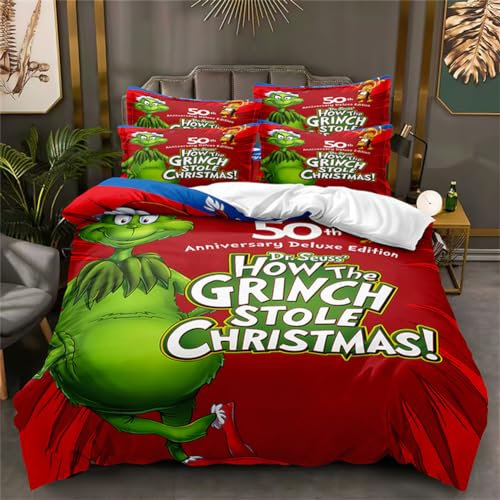 Molinter Bettwäsche Set Weihnachten Grinch Bettbezug - Bettwäsche-Sets mit Reißverschluss 2 Kissenbezüge Cartoon Mikrofaser Bettwäscheset (A, 135 x 200 cm+2 Kissenbezüge 50 x 75 cm)