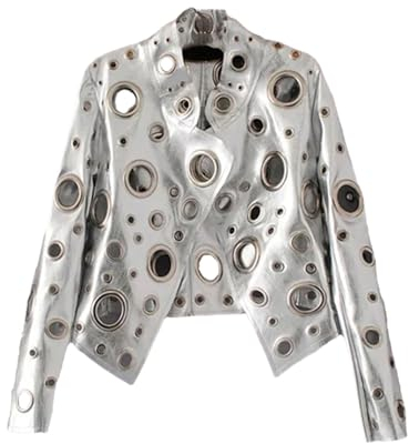 Sweejim Kurze Kunstlederjacke für Damen, mit goldenen Nieten, coole stilvolle Designer-Kleidung, silber, 46