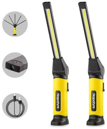 Napatyre LED Torch Rechargeable Work Light,1000 Lumens Portable Emergency Inspection Lamp with Magnetic Base,120° Rotate 3 Modes Magnetic Work Light for Camping Car Repair Emergency (2 Pack)