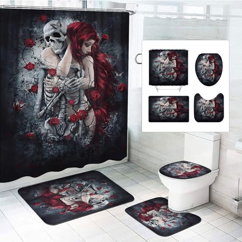 SMchwbc Halloween Duschvorhang Skull 180x200 180x180 Totenkopf Blumen Pflanze Duschvorhänge Set Skelett Vorhang Wasserdicht Badezimmerteppich 4-teiliges Set (180 x 180 cm(BxH),5)