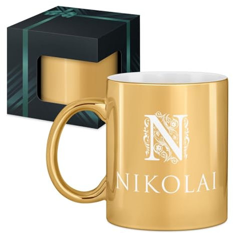Maverton Keramik Kaffeetasse 330ml mit Gravur - Kaffeebecher mit funktionellem Henkel - personalisierter Keramikbecher für Männer zum Geburtstag zu Weihnachten - gold glänzend - Innen weiß - Name