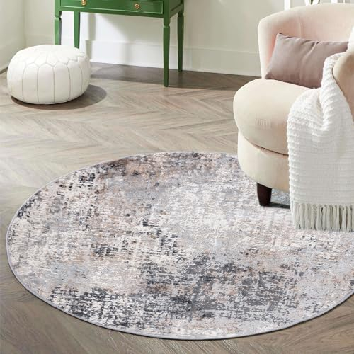 Mazovia Teppich Rund 120 cm - Kurzflor - Weich Teppich für Wohnzimmer Esszimmer - Abstraktes Vintage Grau 120 x 120 cm