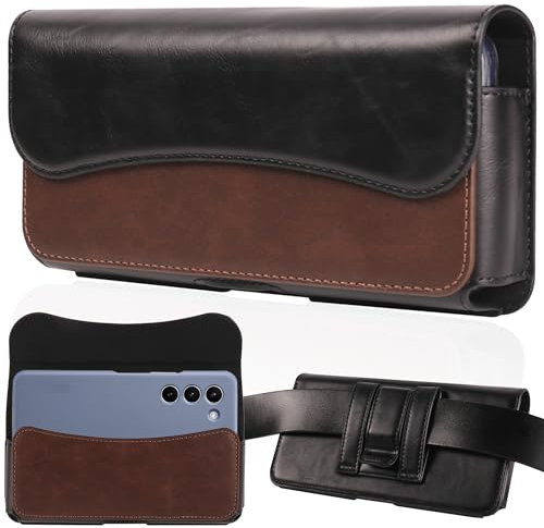 INGIDO Handy Gürteltasche Premium Leder Tasche mit Gürtelclip Handytasche für Samsung Galaxy S24 Ultra S23 Ultra S22 Ultra 5G Note 20 Ultra 5G Note 10+ Plus 5G, Braun-Schwarz -XL