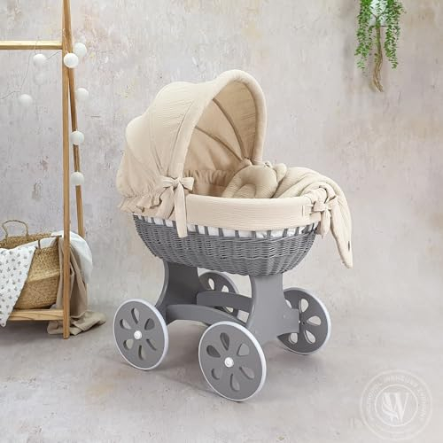 Wiklinopol Stubenwagen, Moseskorb Baby mit Gestell Annabell – Bollerwagen mit Rollen aus Naturweide – inkl. Matratze & 5-TLG. Beige Musselin-Bettwäsche – Korb: Grau