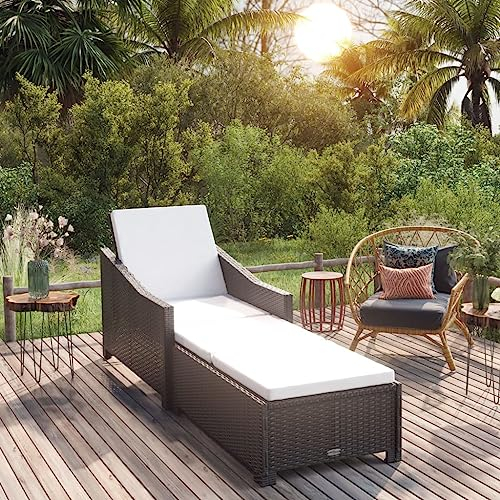 Willood Sonnenliege mit Dunkelgrauer Auflage Poly Rattan Schwarz Outdoor-Liege mit strapazierfähigem Poly-Rattan-Geflecht und Verstellbarer Rückenlehne