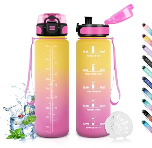 Honeyholly Gourde 1L, Étanche & Réutilisable, Gourde Sport, Motivation avec Filtre, Bouteille, Gourdes, Bouteille d'eau, pour Gym, Enfant, Adulte, École, Bureau, Yoga, Camping