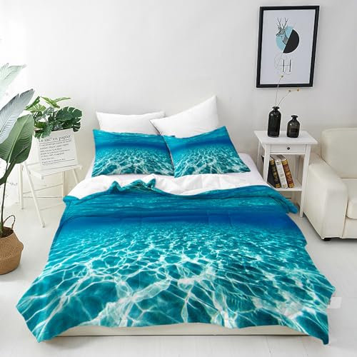 ANHOPE Unterwasser Ozean Meer Welt Bettwäsche Set 3 Teilig Bettbezug 200x220 cm + 2 Kissenbezug 80x80 cm Weich Microfaser Bettbezüge mit Reißverschluss Ganzjahres Bettdeckenbezug Set