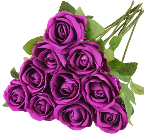 N&T NIETING Ramo de rosas artificiales, 10 unidades, flores de seda realistas, tallo largo, rosas falsas, para bodas, fiestas en el hogar, arreglo, San Valentín (lila, 51 cm)