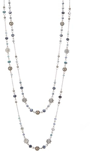 FULU AUTUMN Lange Perlenkette Damen Silber Schwarz Statement Kette Modeschmuck Kett Lang Vintage Schmuck Geburtstag Geschenke für Frauen(Blue)