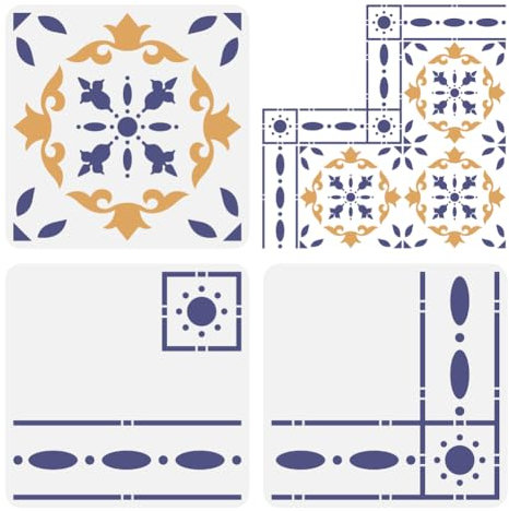 FINGERINSPIRE 3Pcs Carrelage Pochoir 30X30cm Réutilisable Bordure et Coin Carreaux Peinture Modèle Marocain Mur Pochoir Béton Pochoir pour Patio Carrelage Mur. Décoration de la Maison Pochoirs