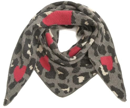 stylx Damen Schal XXL Dreieck mit Leopard Muster LEO HERZ Warm Weich Strickschal Karo Winterschal Herbstschal Wolleschal Frauen Deckenschal Halstuch Scarf Poncho Cape