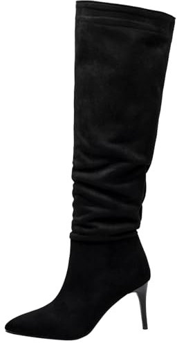 XIEPP Stivali alti al ginocchio da donna con tacco a spillo e punta a punta e slip-on, Nero , 43 EU
