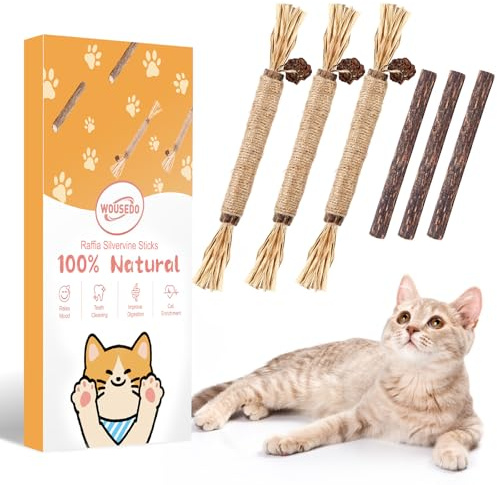 WOUSEDO 6 Pack Silvervine Sticks Cat Toy, Natural Chew Stick for Dental Care Teeth Cleaning,Matatabi Cat nip Treat Toys for Indoor Cats& Kittens