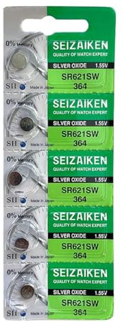 Seizaiken SR621SW 364 Silver Oxide Watch Battery, 1.55V, 0% Mercury, Made in Japan, Pack of 5